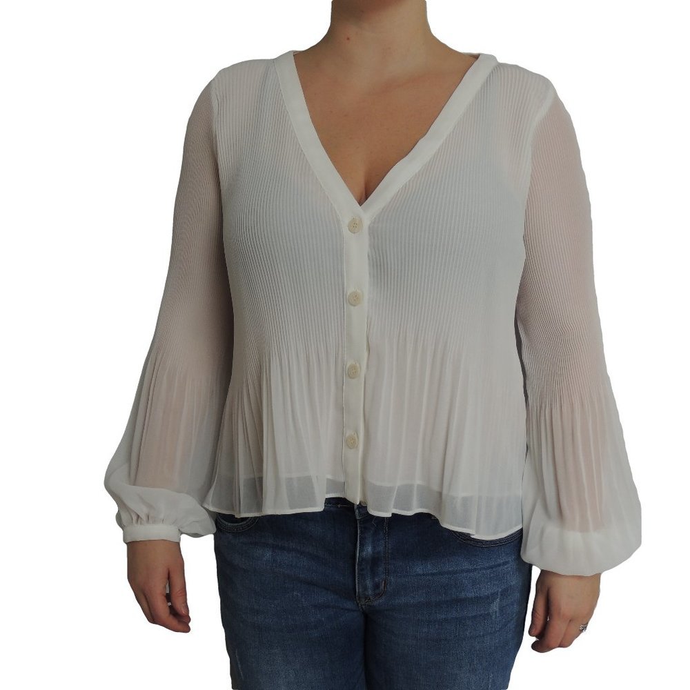 ZARA Ruffle Pleated White / Cream Button Blouse XL